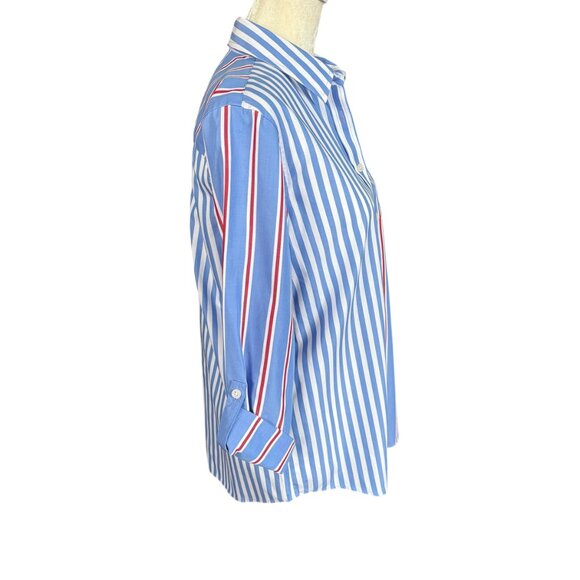 Lands' End red white and blue striped long sleeve collared button down shirt XSP - Picture 3 of 11